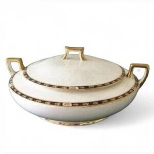 Vtg 1920s Homer Laughlin Covered Serving Dish – Gold Trim, Crackled Glaze, Rare